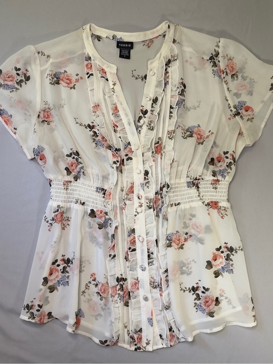 torrid Tops - torrid Sheer White Floral Ruffle-Front Smocked Blouse, size 0 standard L or 12